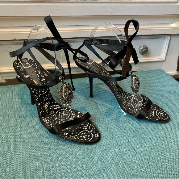 Giuseppe Zanotti Black Ribbon Sandal Crystal Silver Metallic Tear Drop Medallion - Picture 2 of 9